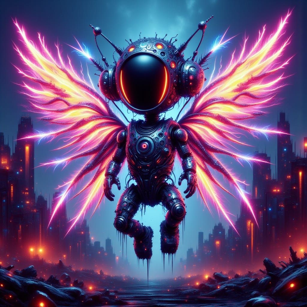 Surreal Neon Robot Soars Over Urban Ruins in Cyberpunk Style