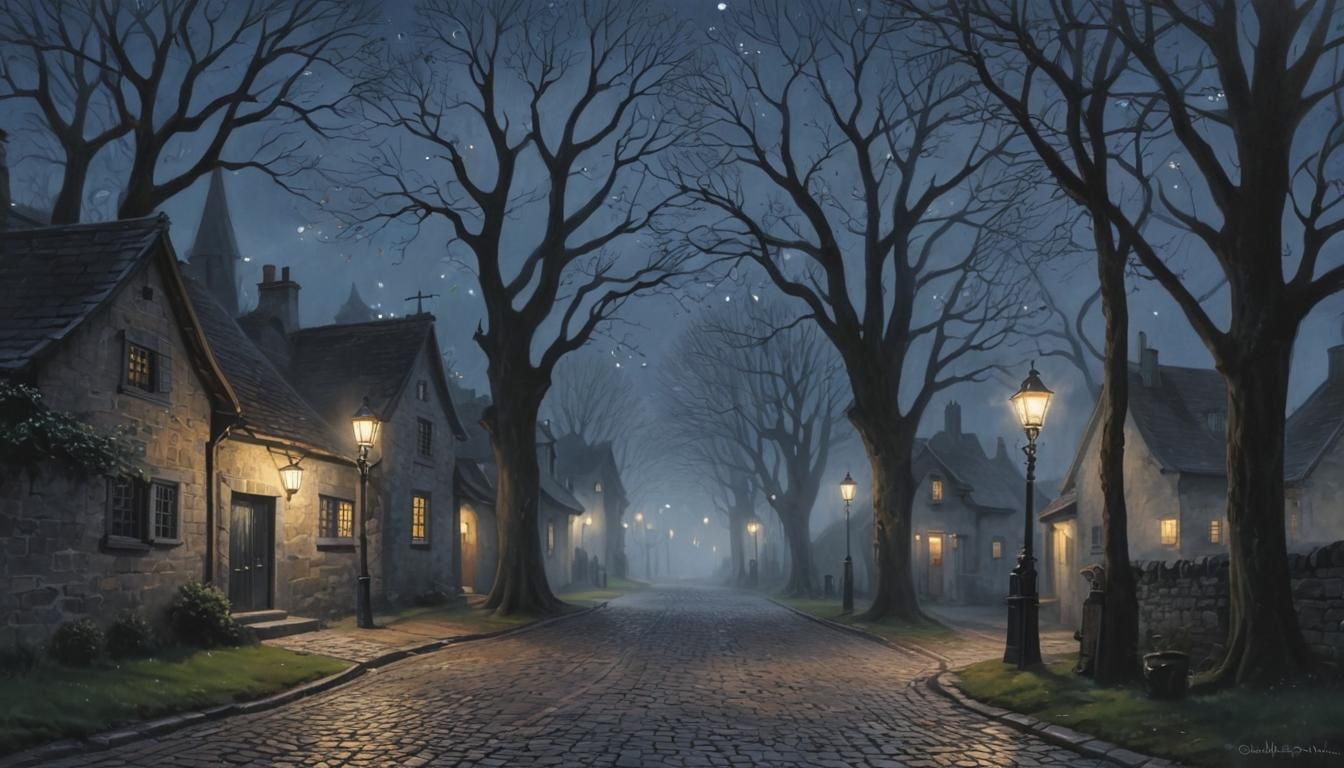 Misty Village Lane at Night: Acrylic Landscape Painting