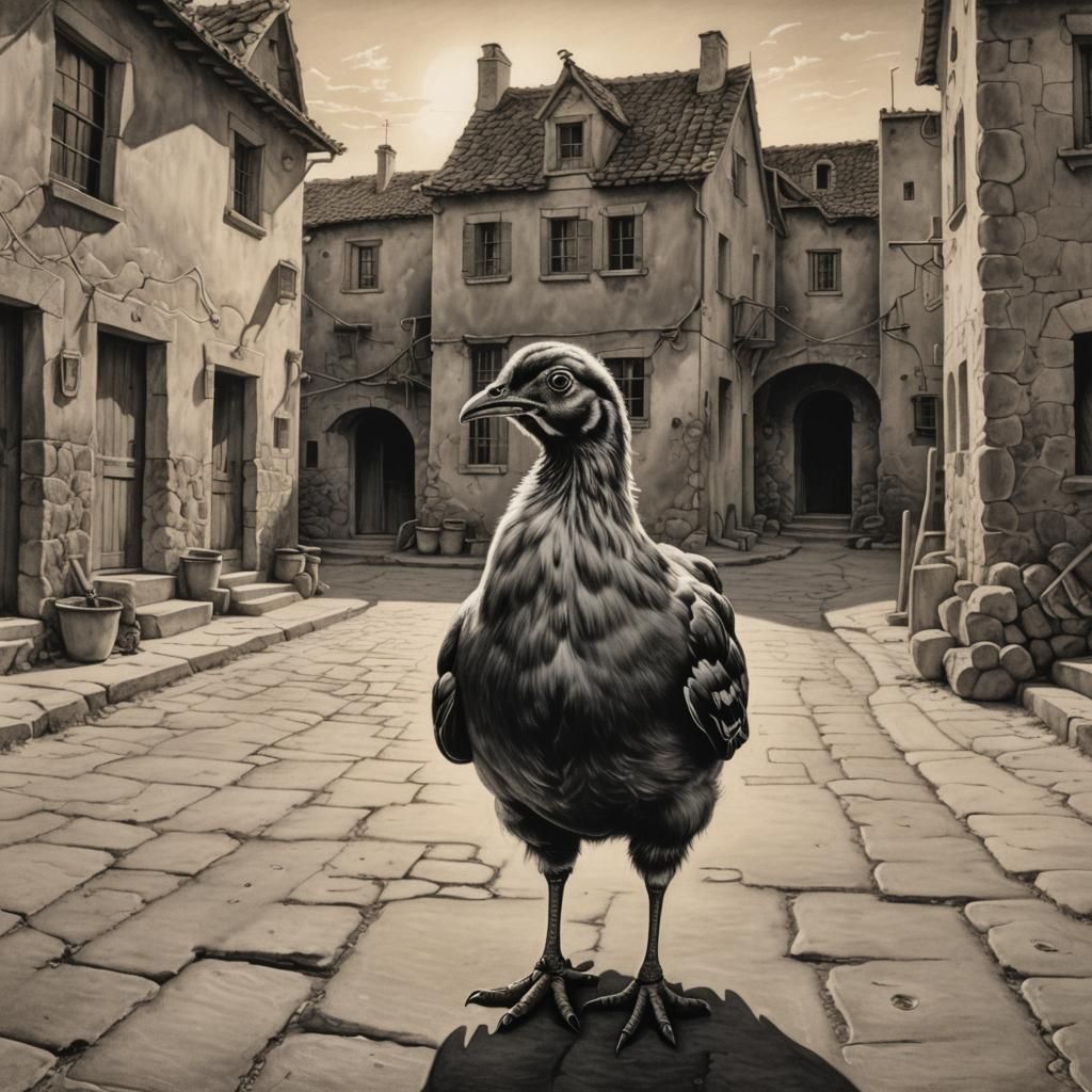 Chick in Village Square: Surreal Pencil Art