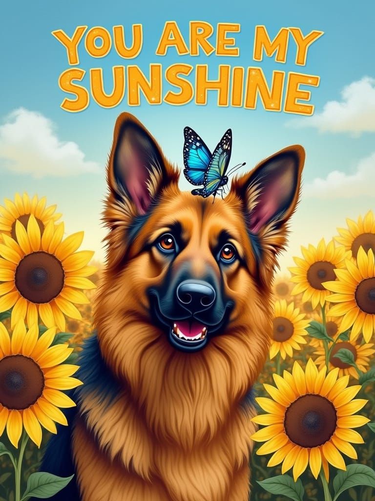 Fluffy German Shepherd Surrounded by Vibrant Sunflowers and ...