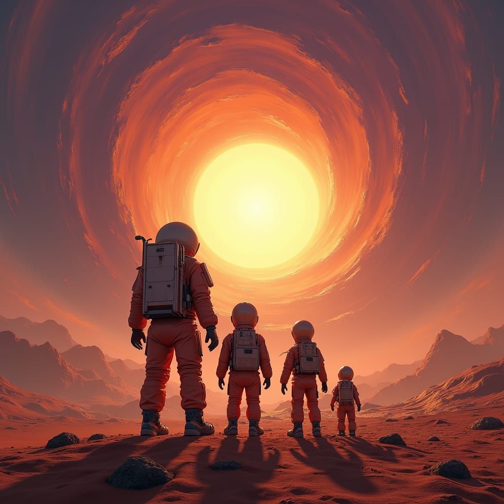 Astronaut Family on Alien Planet in Matte Painting Style