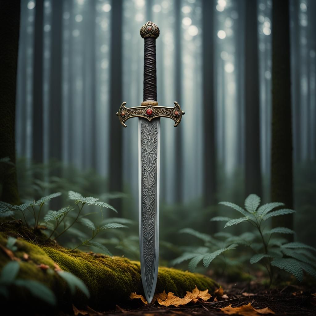 Intricately Ornamented Chechen Sword in Dark Forest