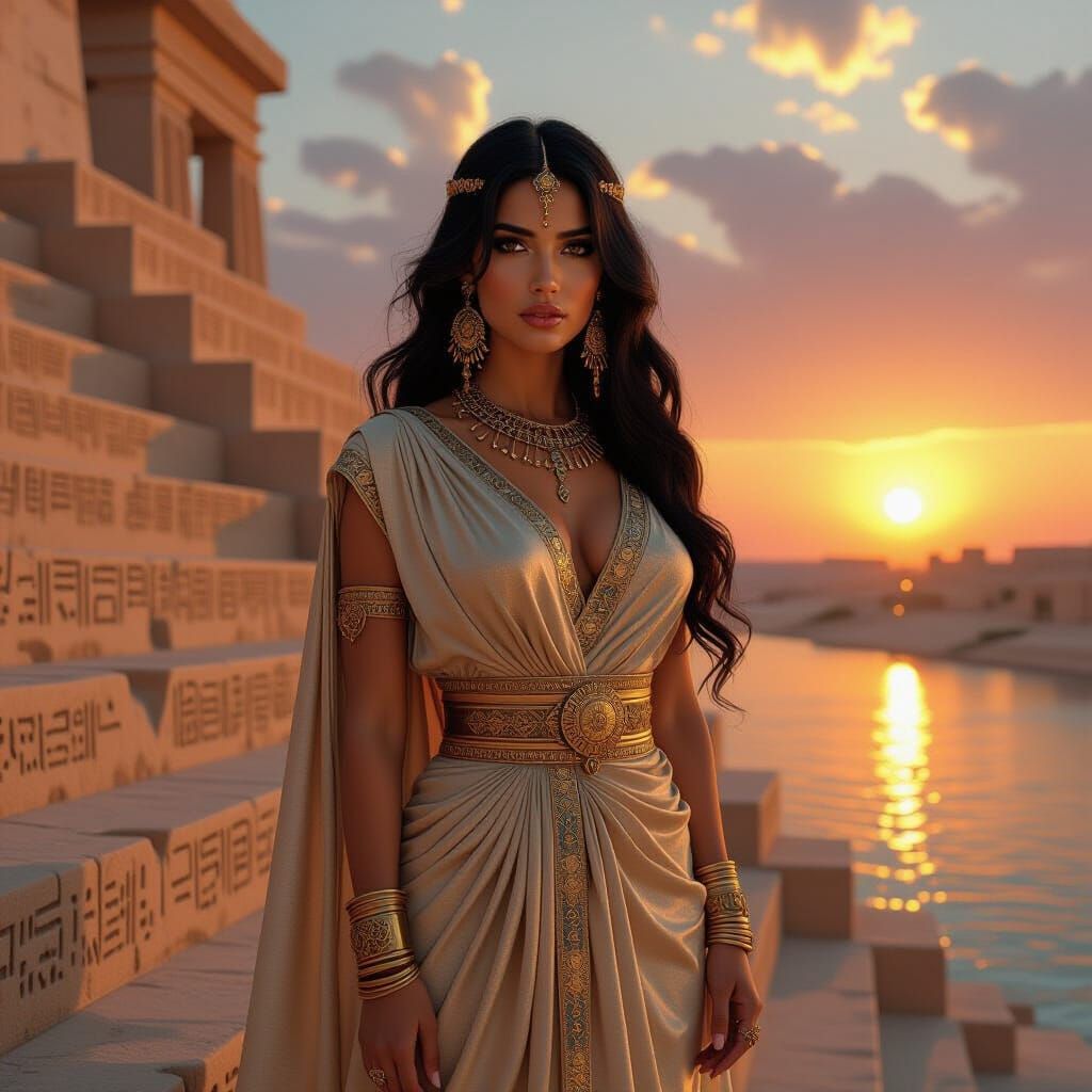 Mesopotamian Goddess at Ziggurat in Dramatic Lighting