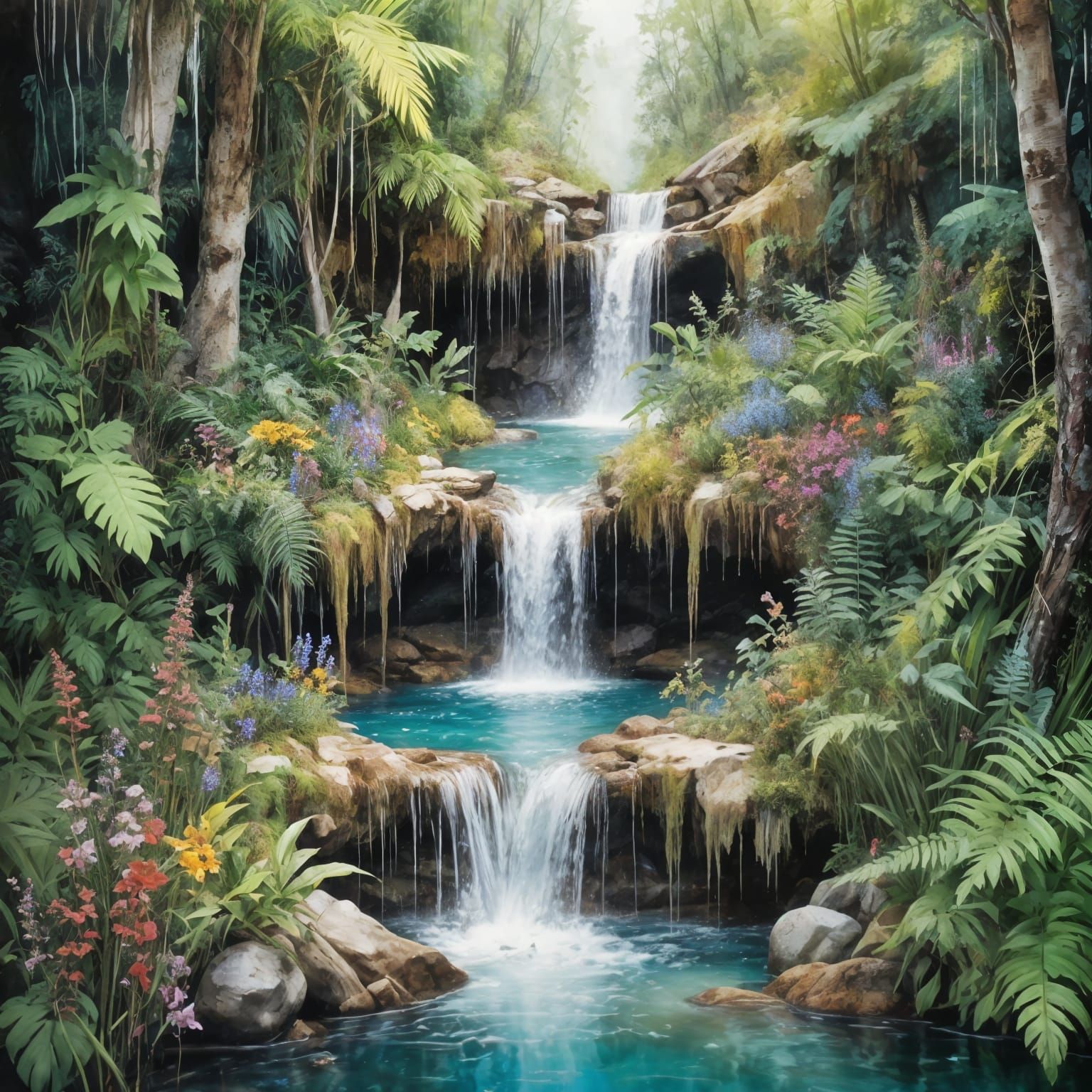 Lush Waterfalls in Vibrant Watercolor Style
