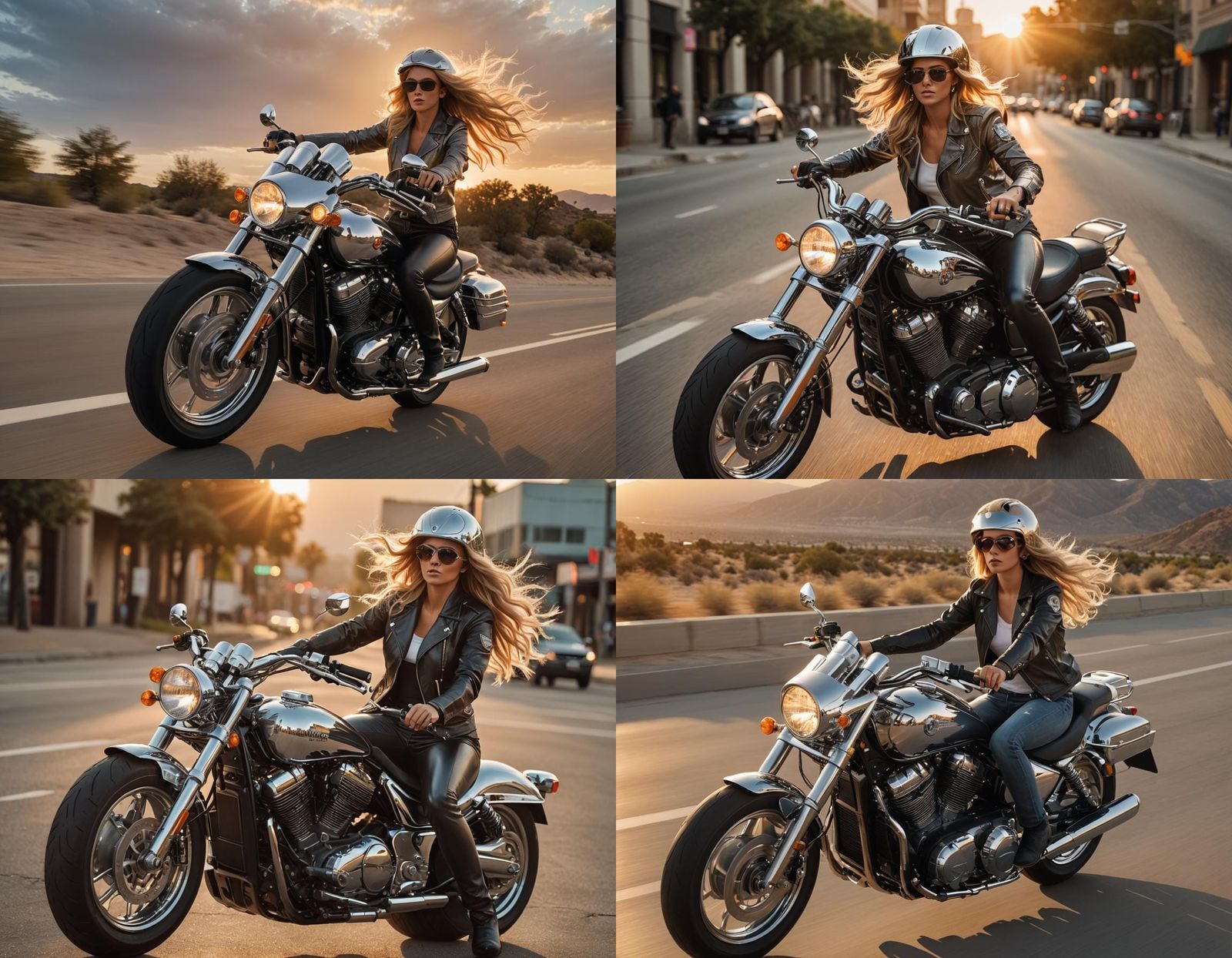Woman Rides Chrome Motorcycle into Sunset: Photo