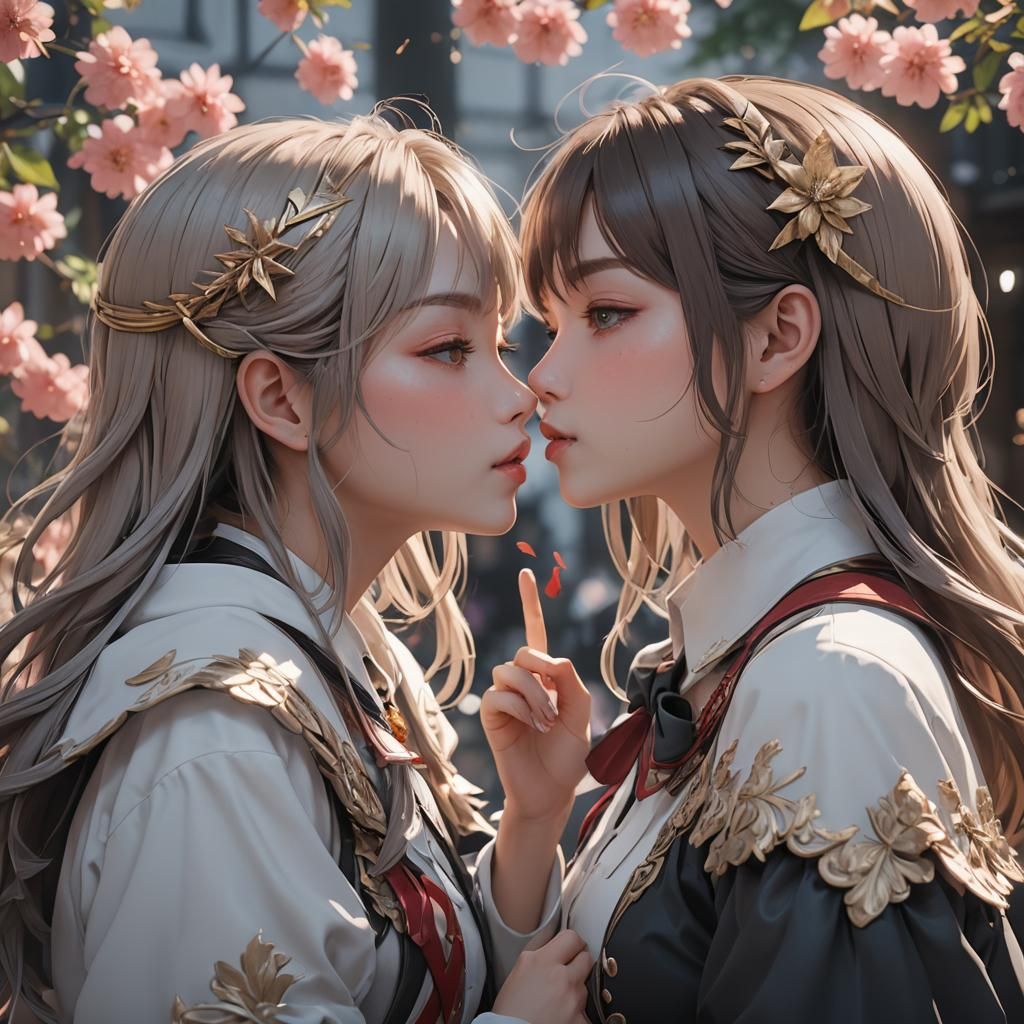Anime-Style Girls Kissing, Detailed 3D Render