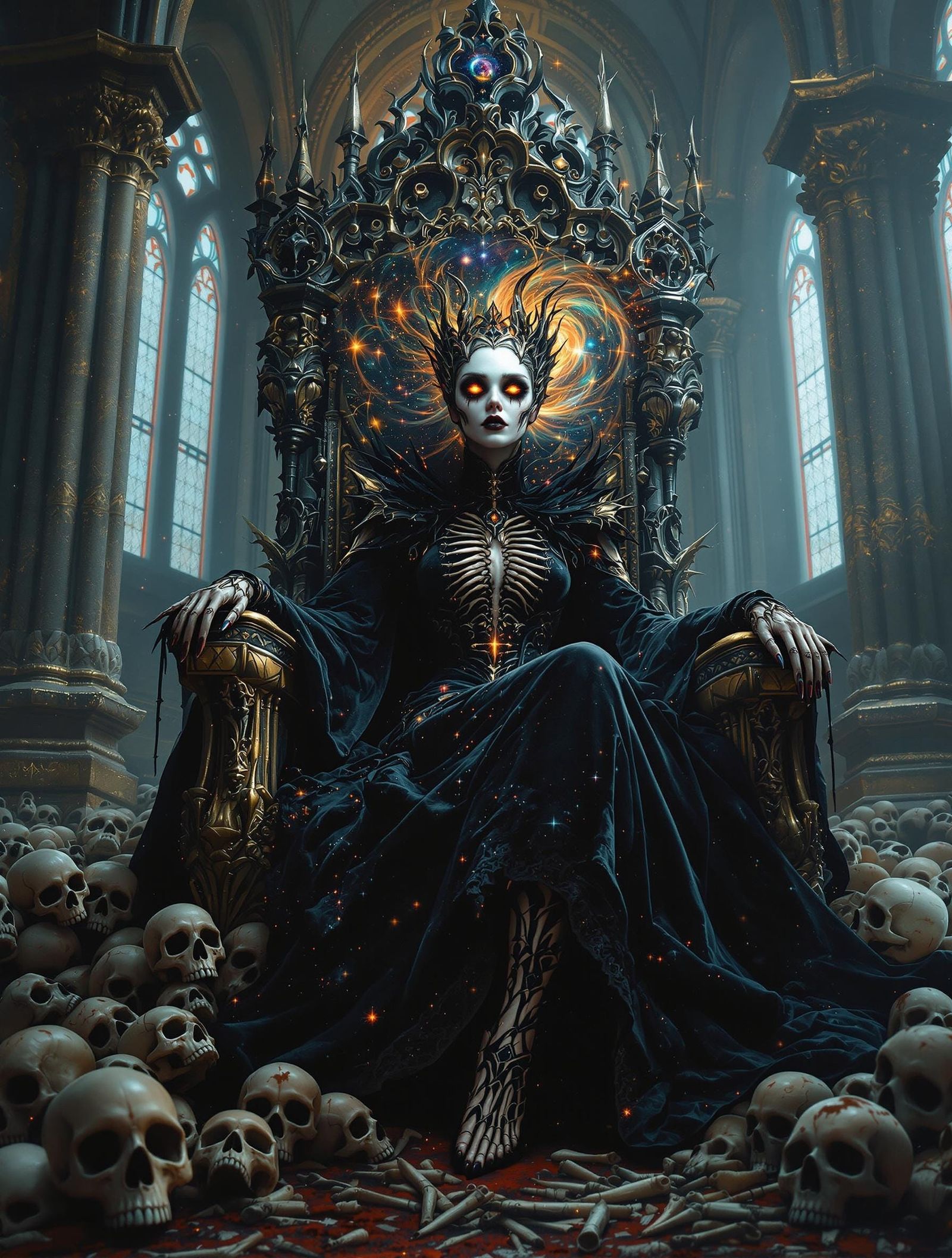 Baroque Vampire Queen on Throne in Gothic Horror Style