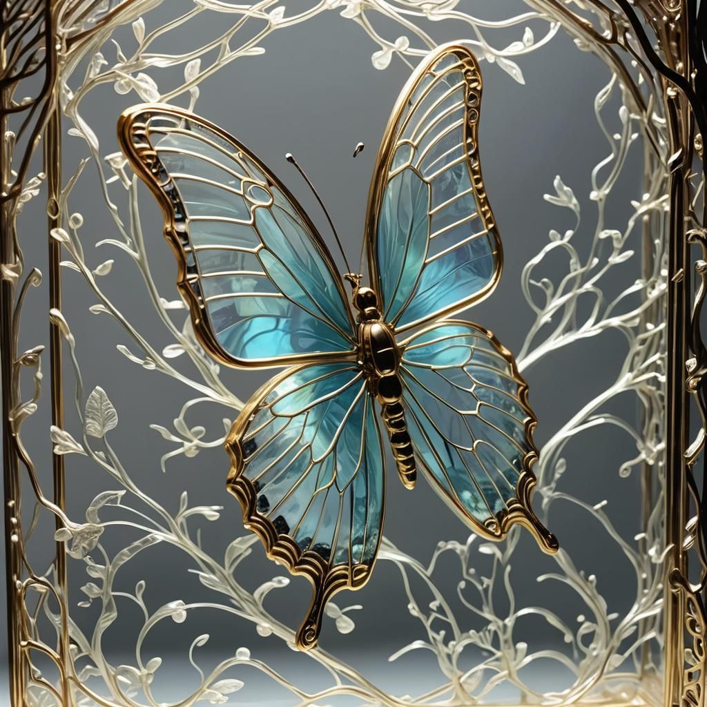 Bioluminescent Glass Butterfly in a Cage: Hyperrealistic Art...