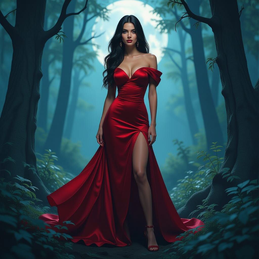 Lilith's Dark Allure in Moonlit Ethereal Forest