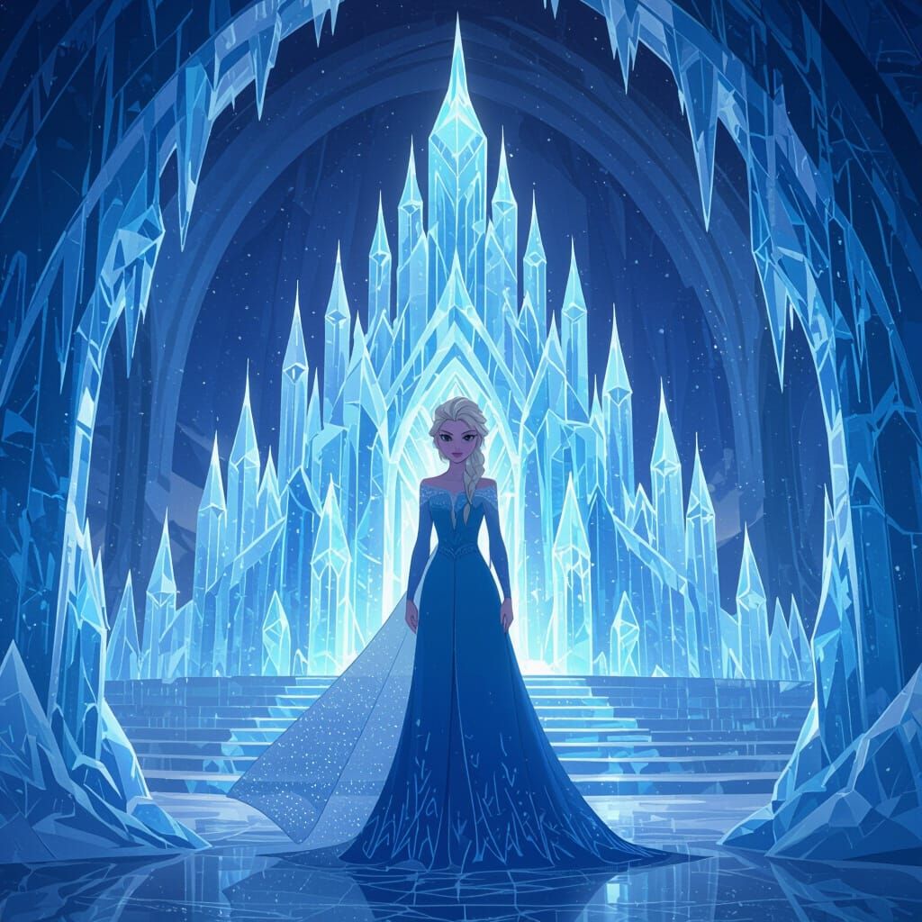 Elsa in Grand Ice Castle Anime Wallpaper Style