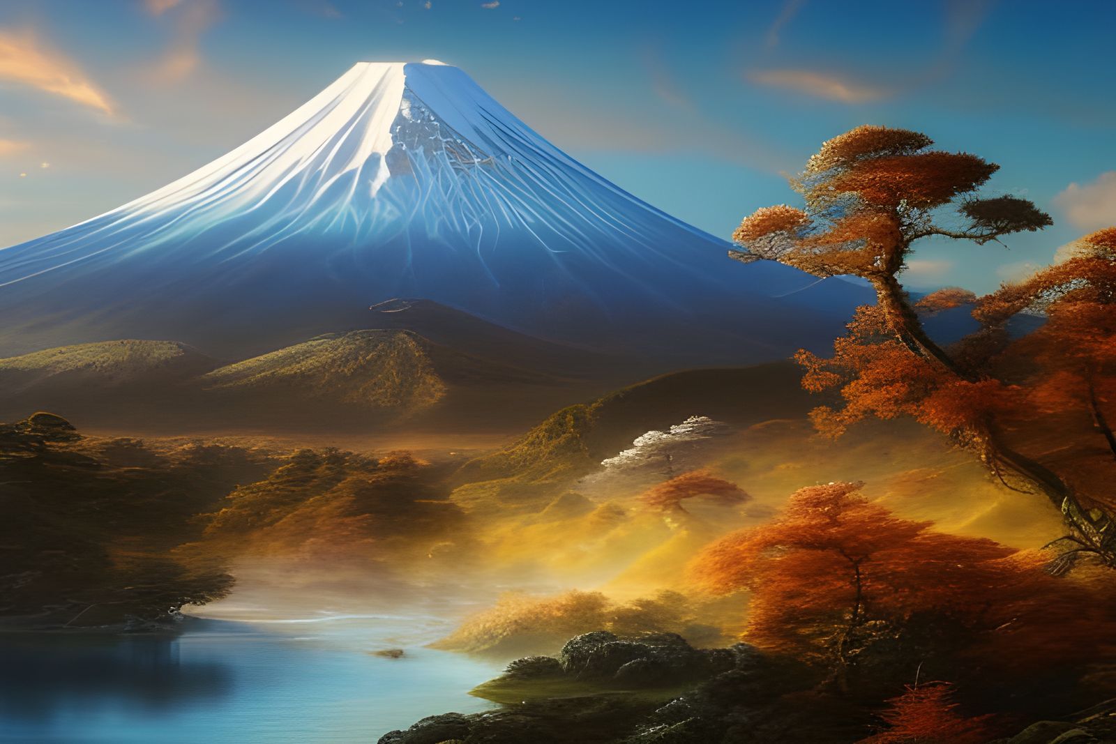 Hyperdetailed Painting of Mount Fuji Landscape