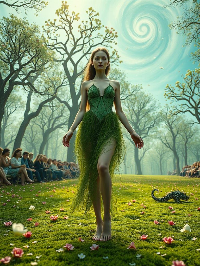 Surreal Green Goddess Embodies Resilience in Whimsical Woodl...