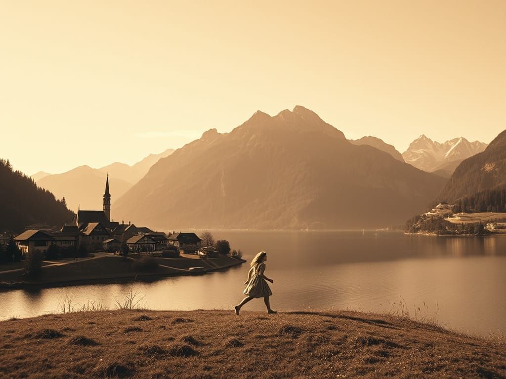 Retro Sepia Village Scene Overlooked By Swiss Alps