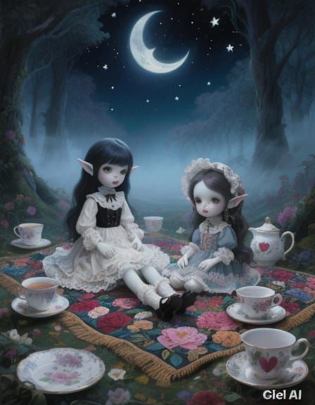 Victorian Dolls in Moonlight Forest, Fantasy Art