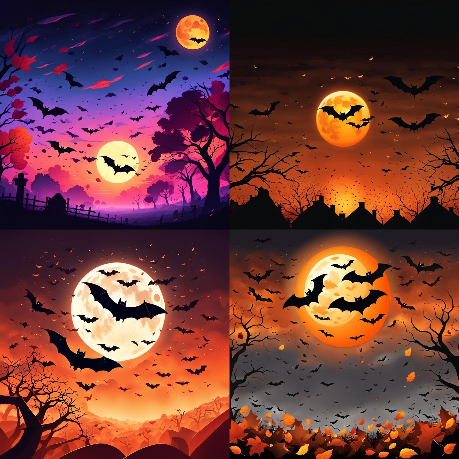 Minimalist Halloween Graphic with Bats and Orange Sunset