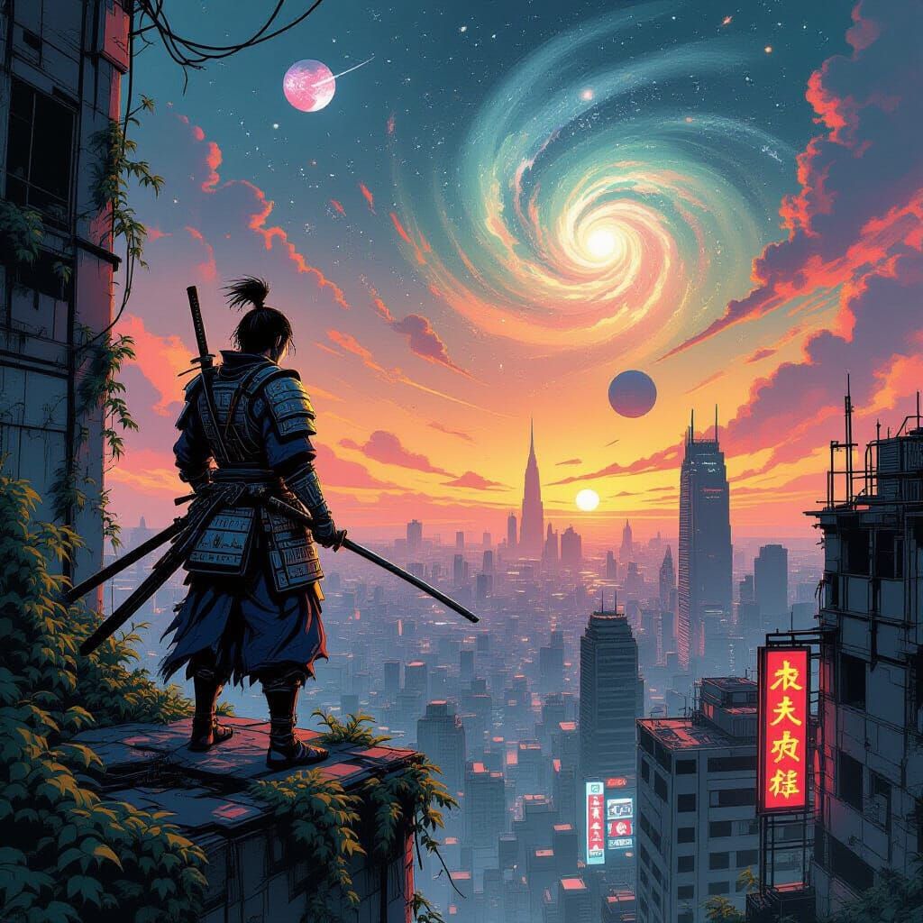 Samurai in Decayed Cyberpunk City Graphic Novel