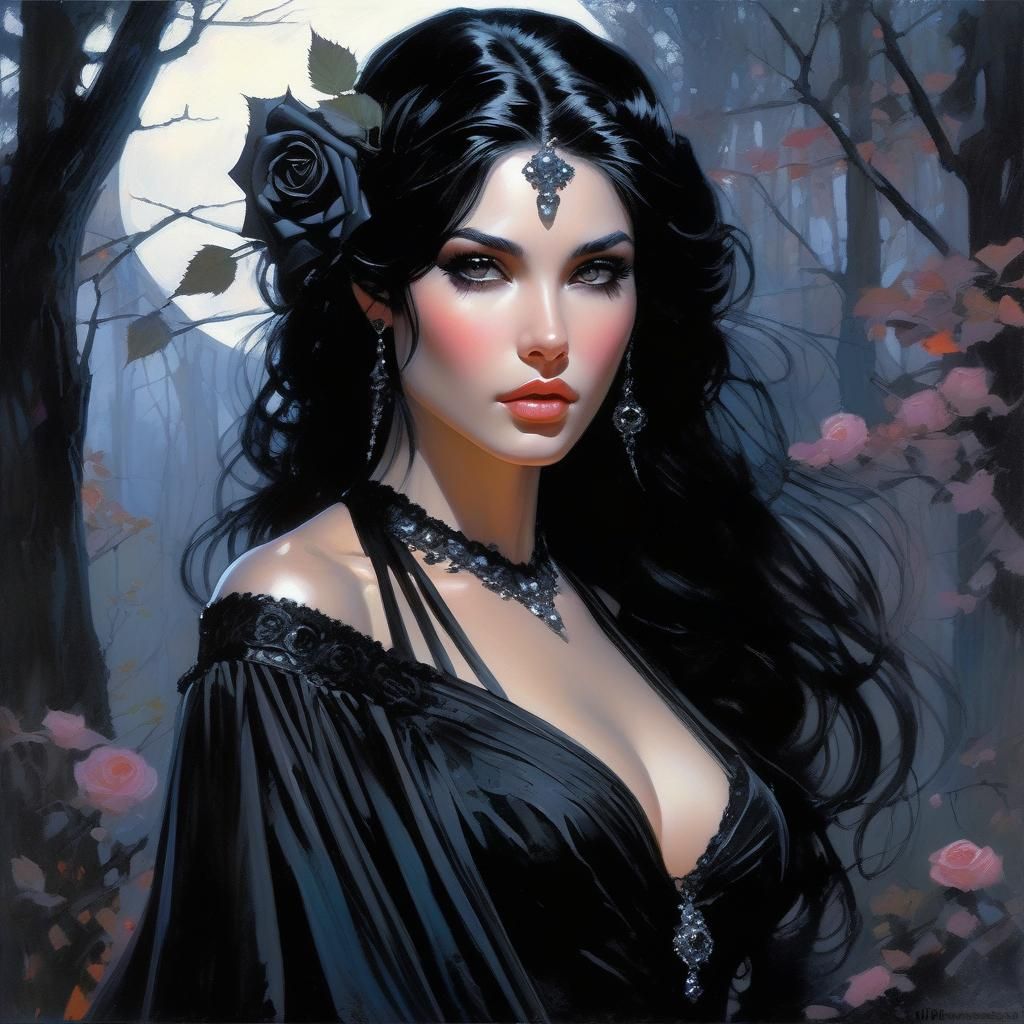 Gothic Princess with Black Roses in Moonlight