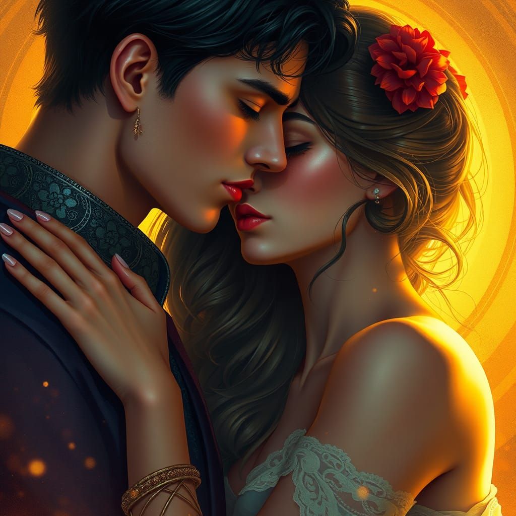 Romantic Kiss in Art Nouveau Style