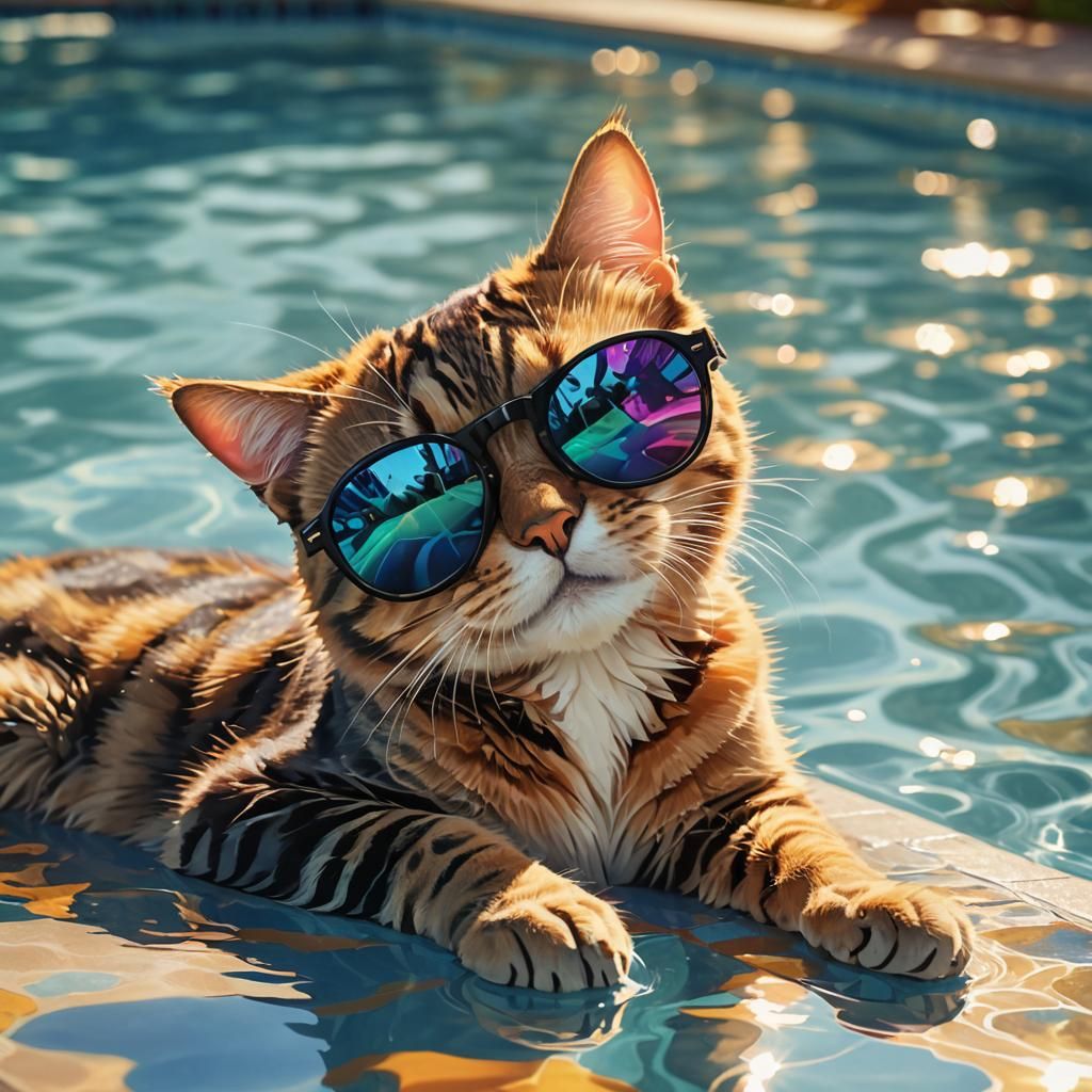 Cat in Sunglasses: Vibrant Poolside Digital Painting