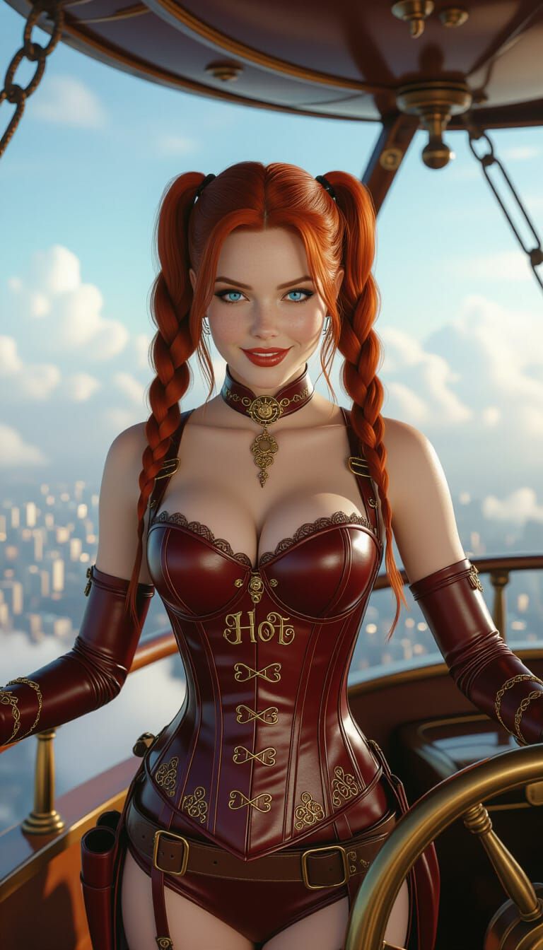 Steampunk Pilot with Auburn Hair on Airship Bridge