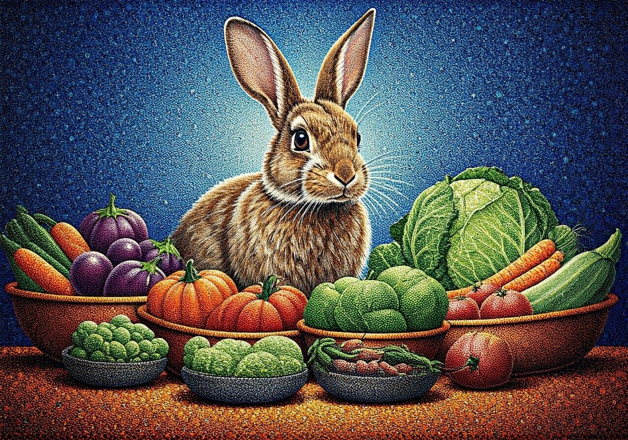 Rabbit and Vegetables in Pointillism Style