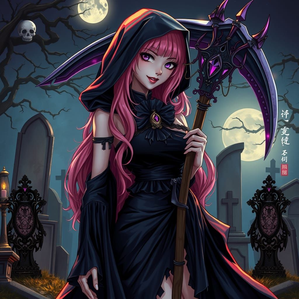 Anime Reaper with Scythe in Moonlit Cemetery