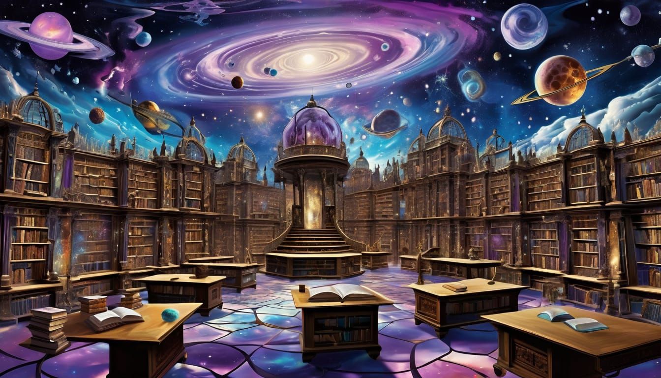 Ethereal Cosmic Library in Vibrant Surrealism
