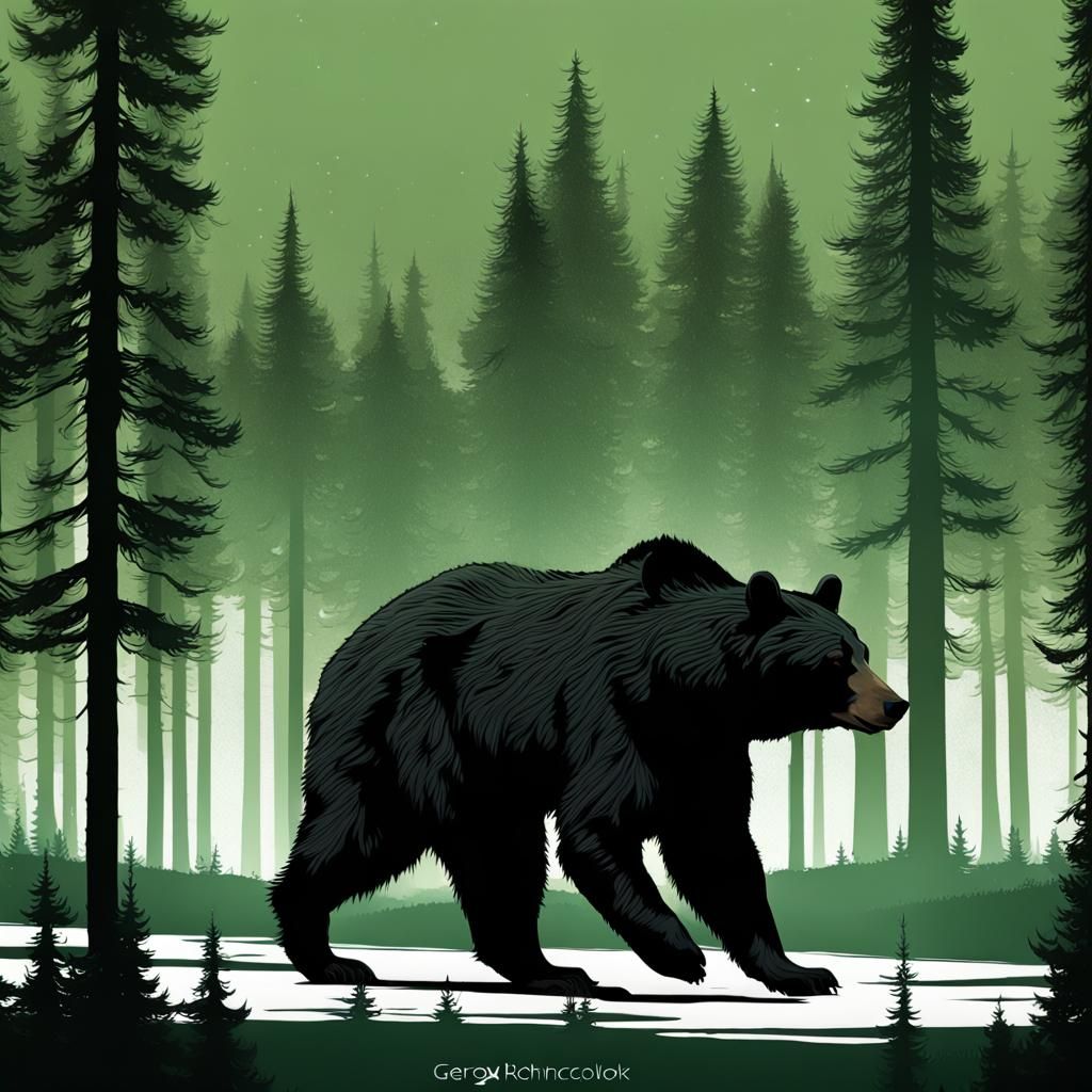 Black Bear Silhouette and Spruce Forest, Dark Fantasy Art