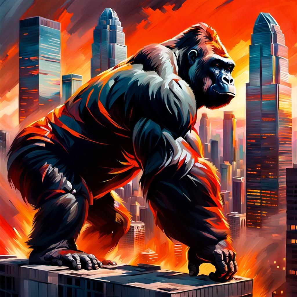 Majestic Gorilla Climbs Skyscraper: Triadic Oil Painting