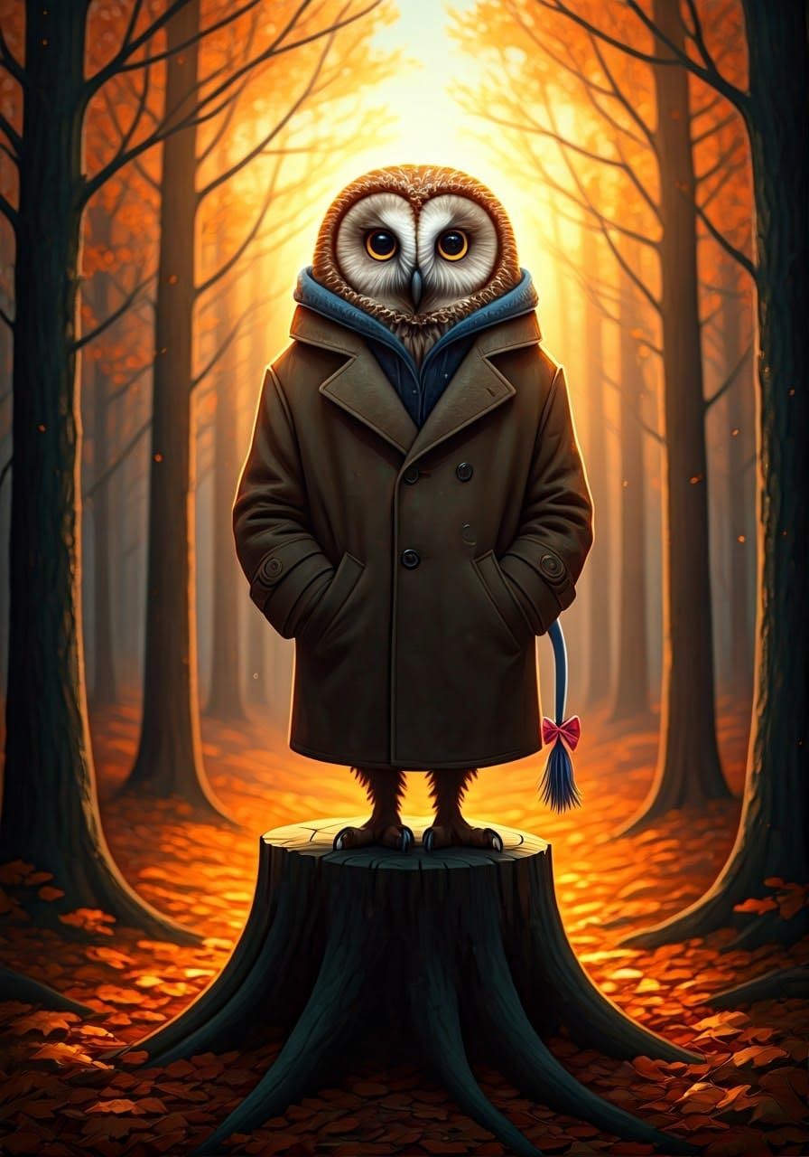Anthropomorphic Owl with Donkey Tail in Autumn Forest