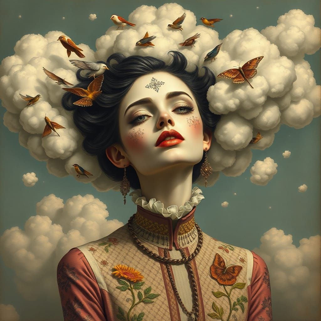 Whimsical Fashion Model with Head in the Clouds