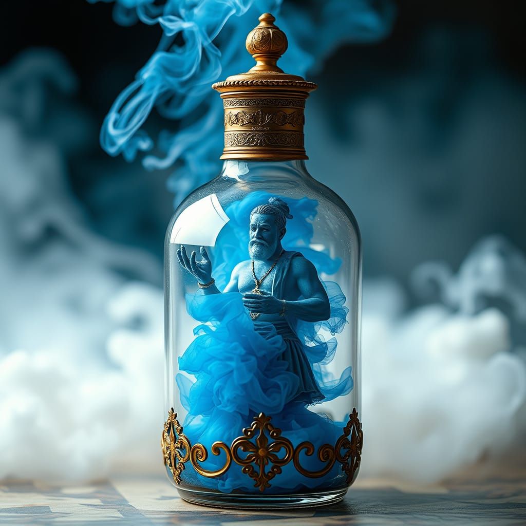 Ornate Genie Bottle with Blue Smoke and Clouds
