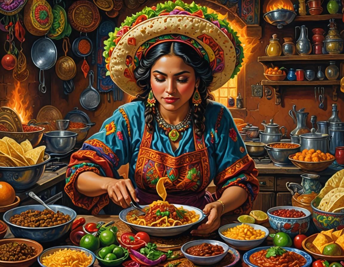 Mexican Girl Cooks Tacos: Gouache Style Art