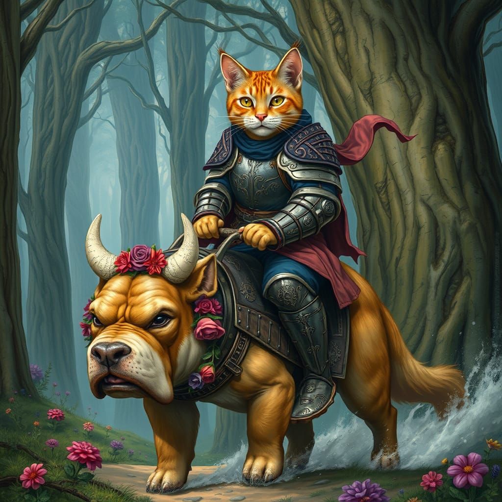 Armored Cat-Knight Rides Bulldog Through Mystic Forest