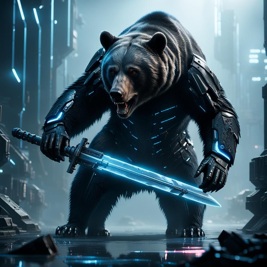 Cybernetic Black Bear with Energy Sword in Sci-Fi Armor