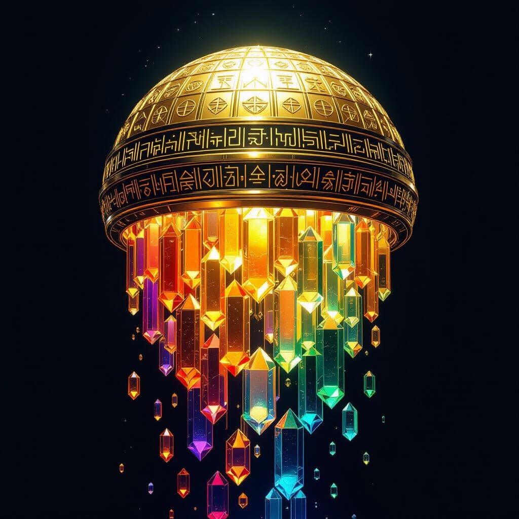 Golden Dome in Void with Falling Crystals