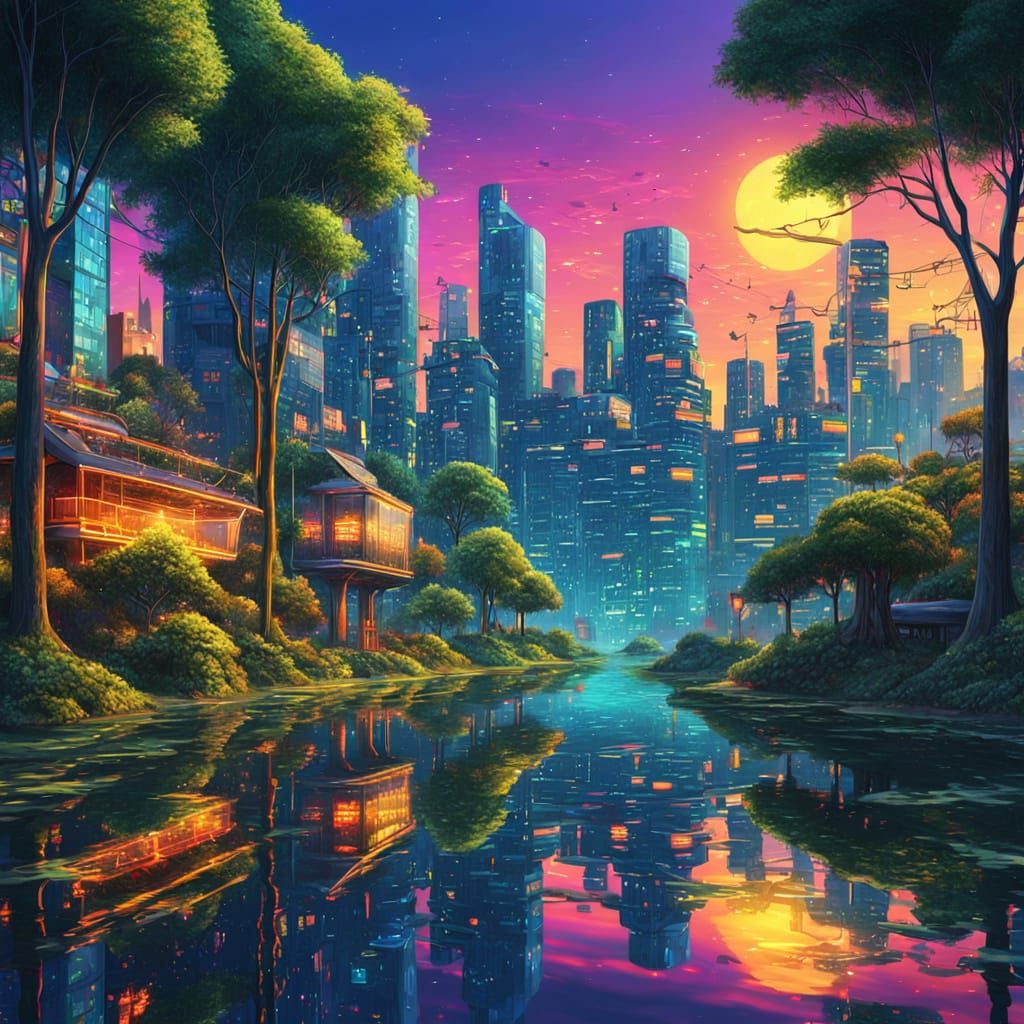 Utopian Cityscape Harmony: Tech and Nature Blended