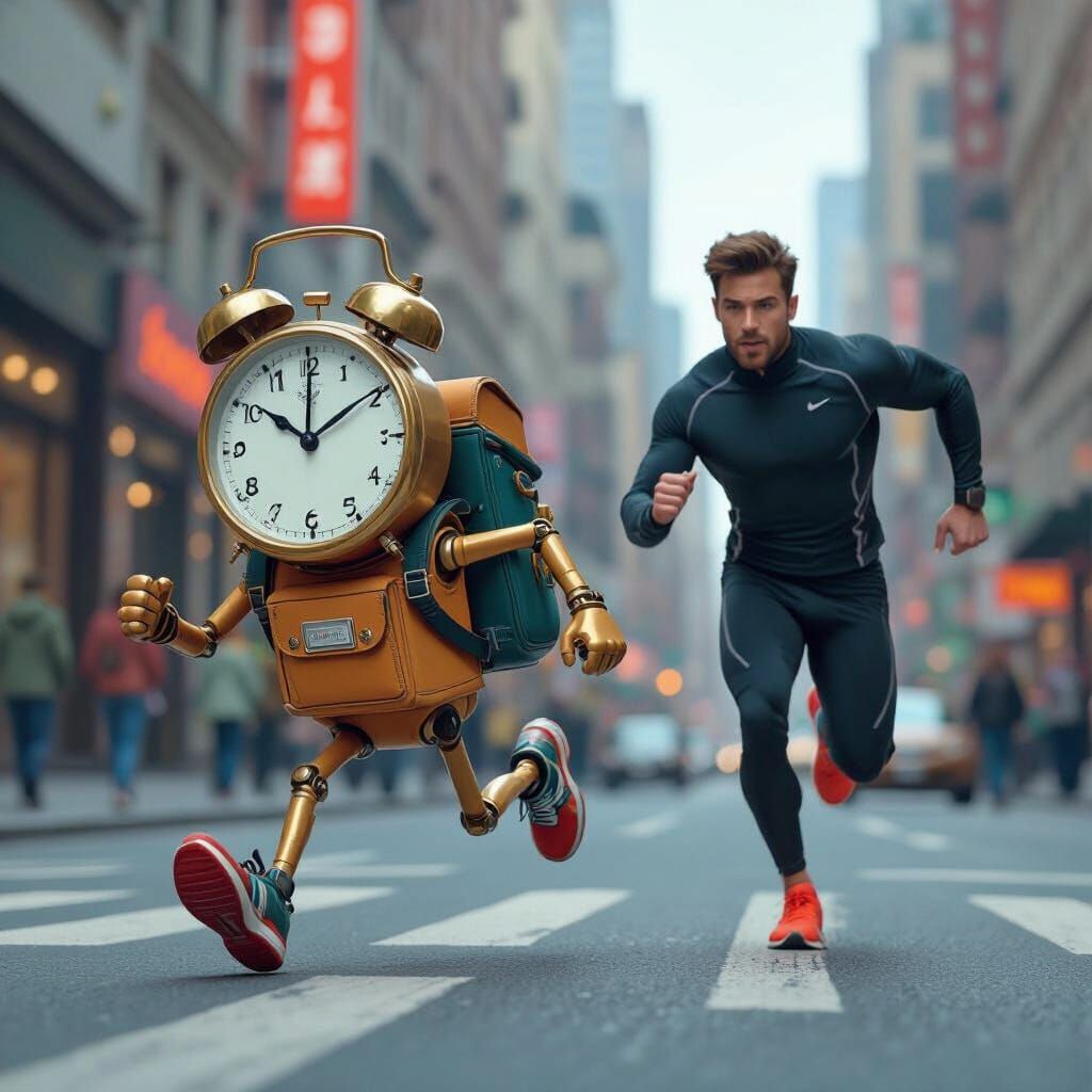 Man Chases Anthropomorphic Clock Through City Streets