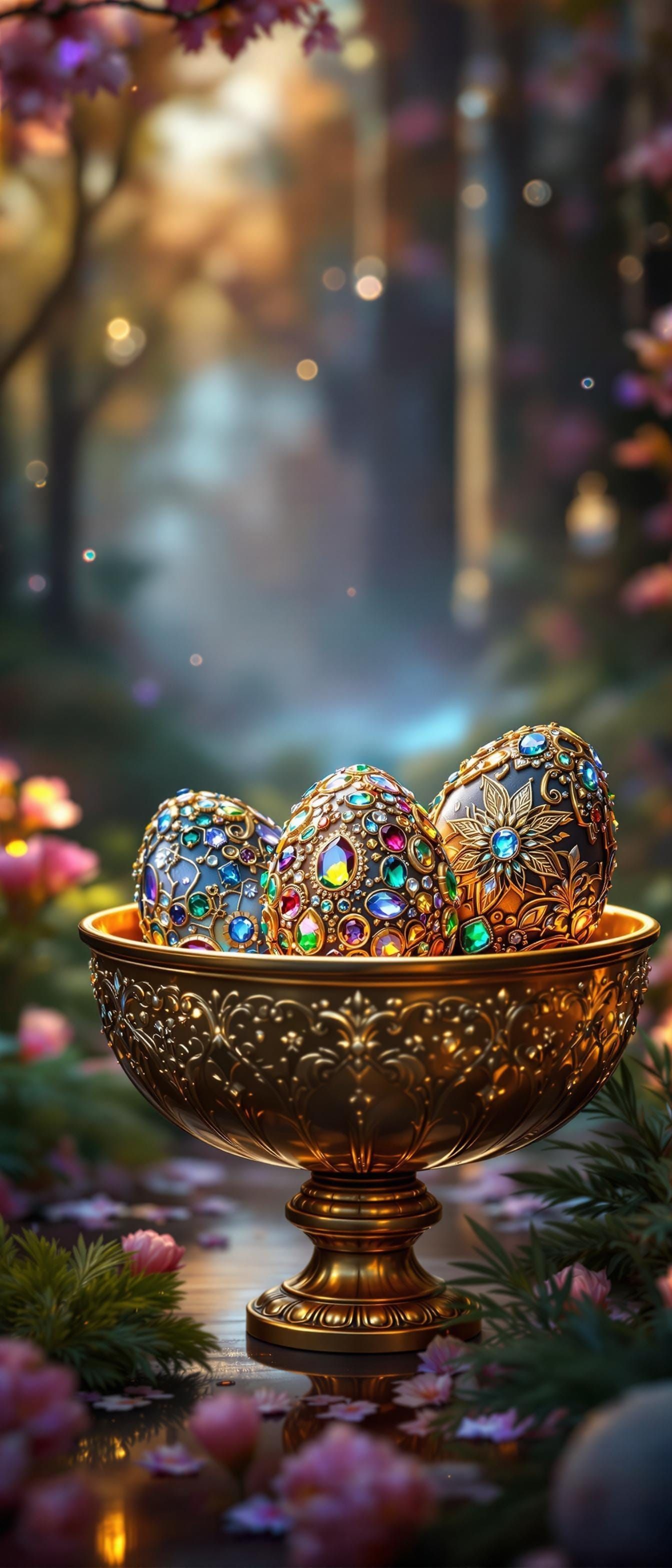 Luxurious Bejeweled Eggs on Gold Bowl, Epic Cinematic Concep...