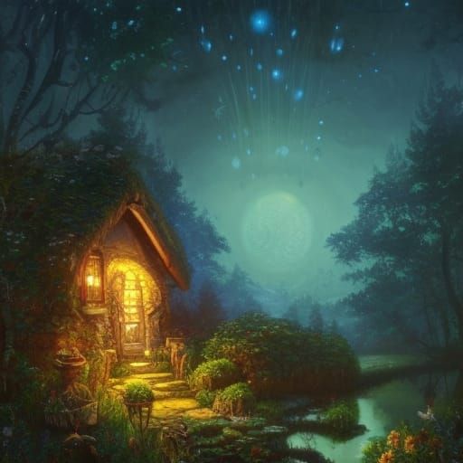 Enchanted Riverside Cottage Under Starry Night Sky