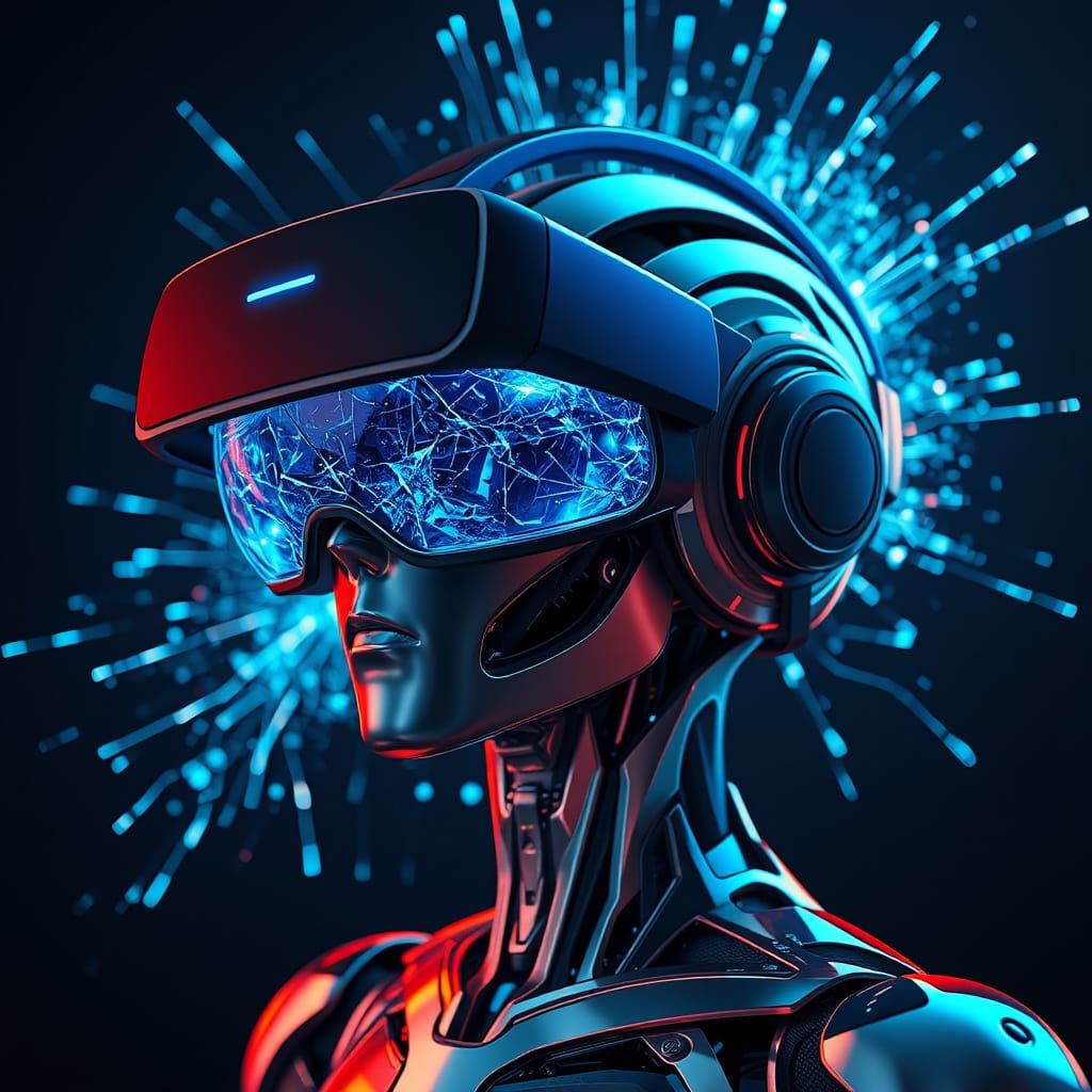 Futuristic Robot Wears Shattered VR Headset Amidst Electric ...