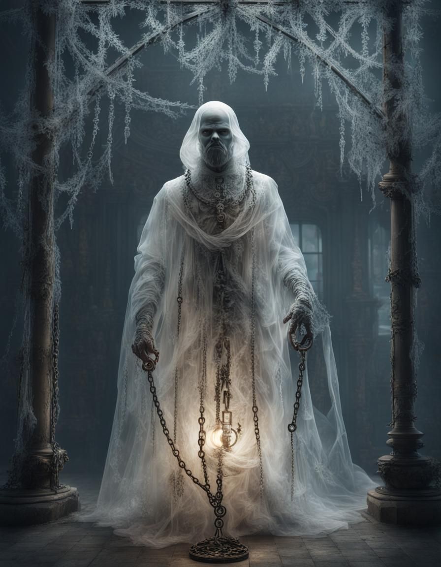 Victorian Ghost Bound by Chains near Christmas Tree