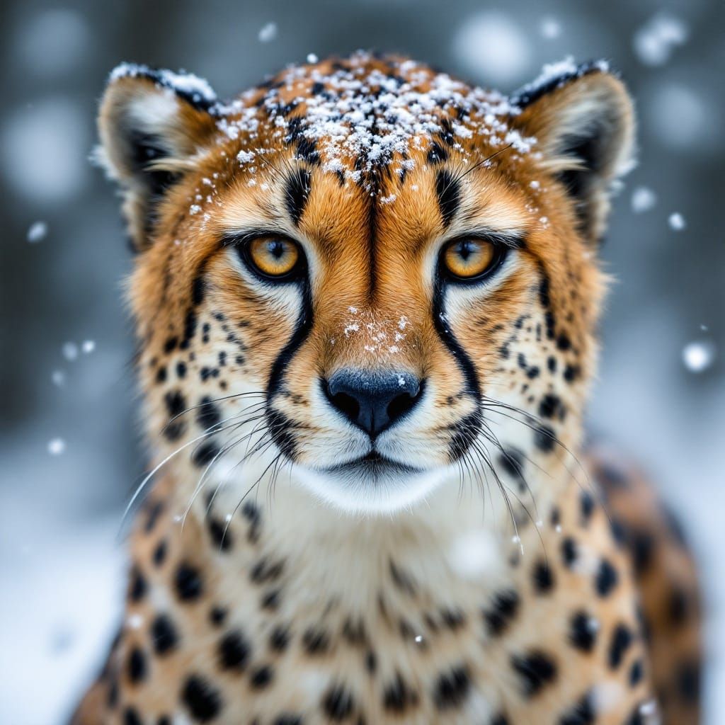 Majestic Snow-Covered Cheetah Portrait