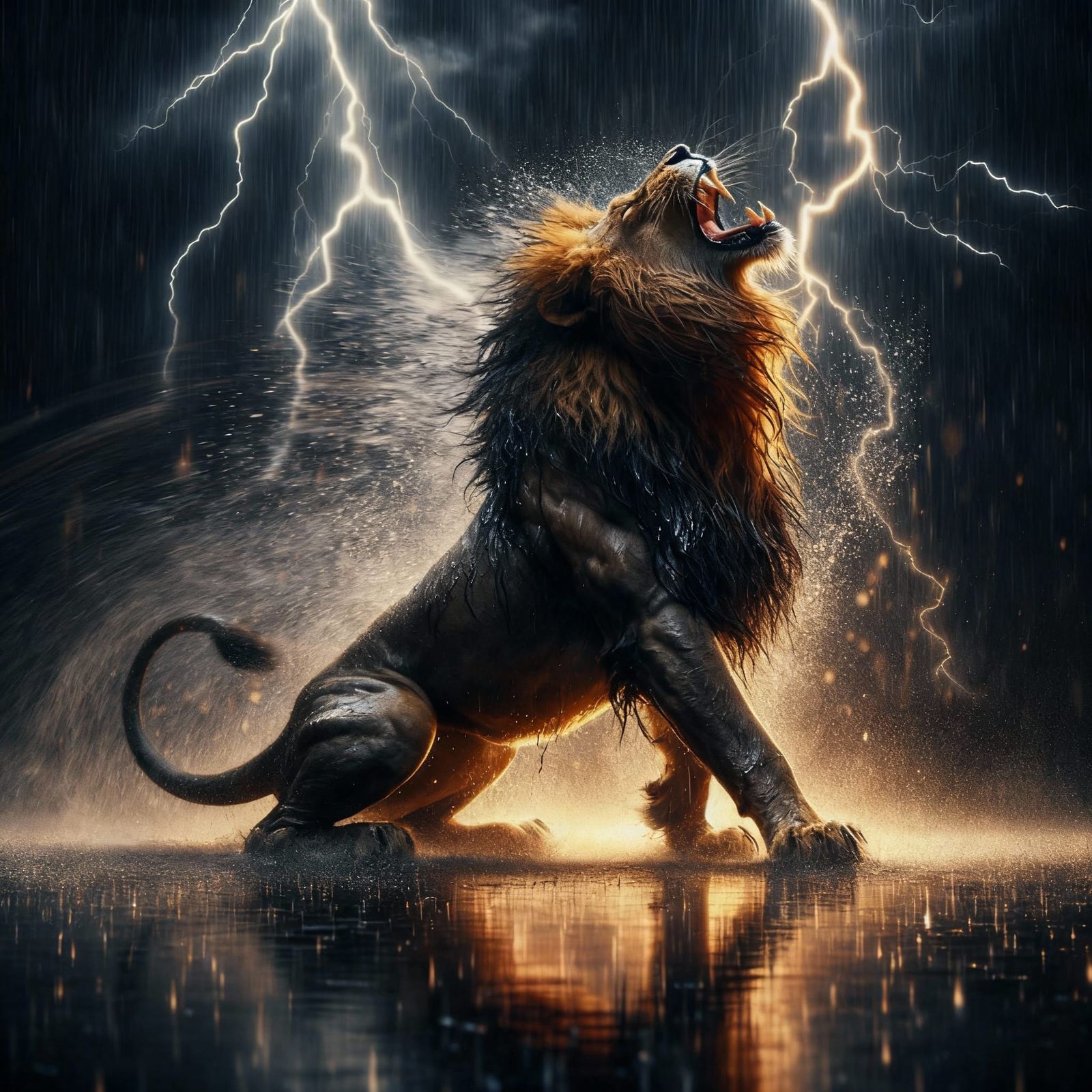 Majestic Lion Roaring in Lightning Storm