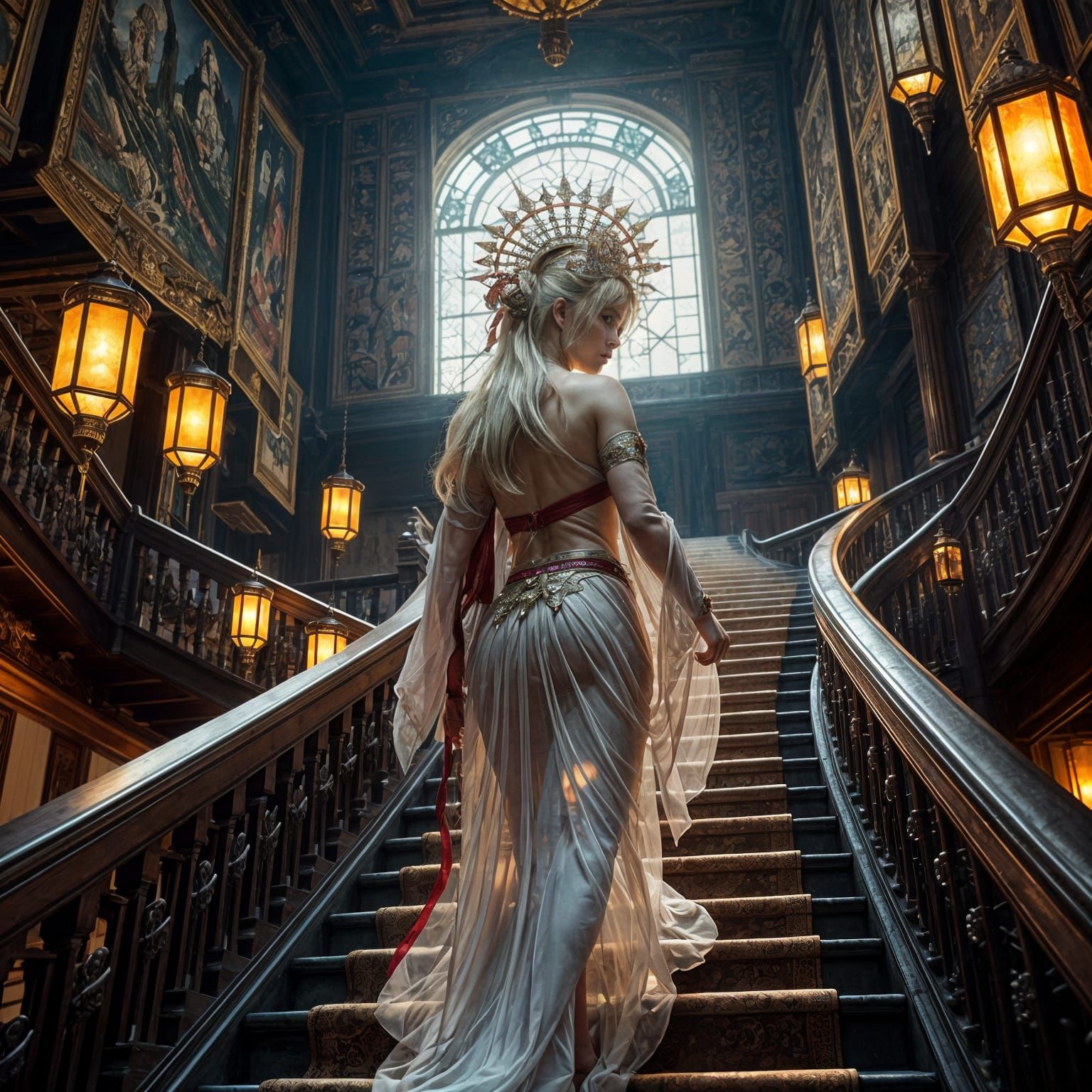 Japanese Princess Ascends Majestic Castle Staircase in Hyper...