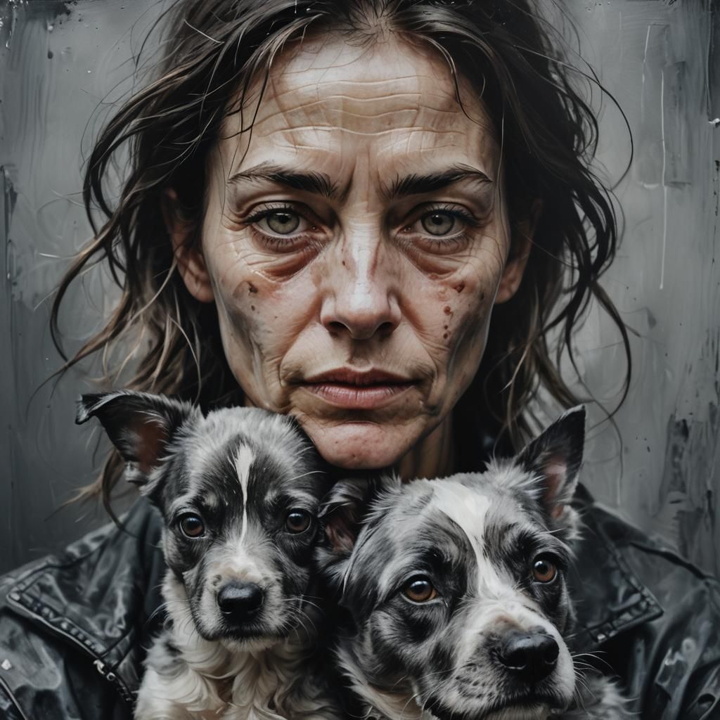 Abstract Grey Oil Painting: Woman and Dog Portrait