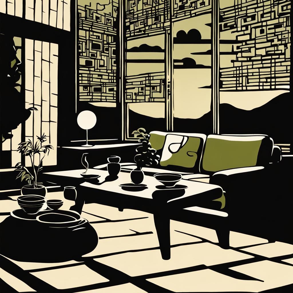 Mid-Century Modern Interior in Woodblock Print Style
