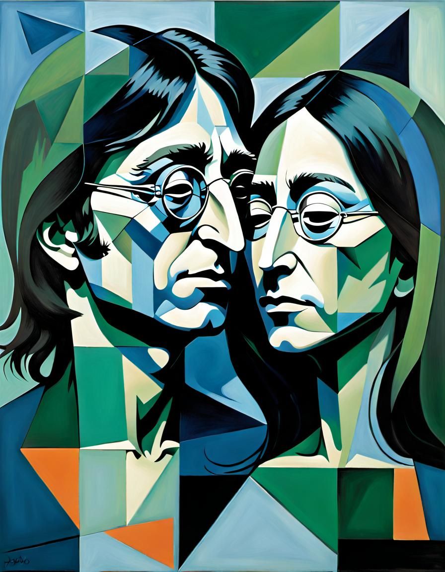 cubist painting of John Lennon and (Yoko Ono, with no glasse...