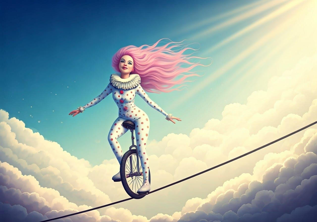 Delicate Clown on High Wire in Dreamlike Style