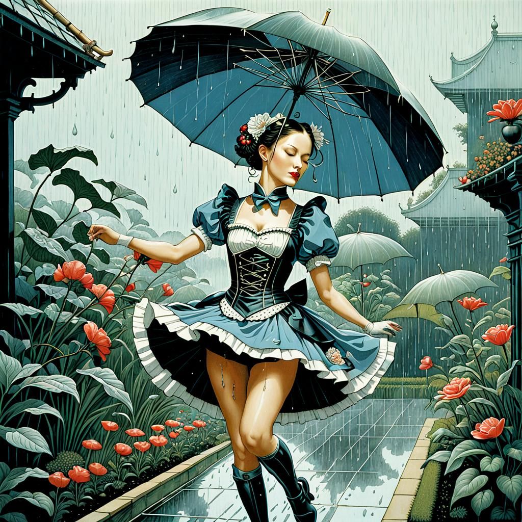 Cyborg Maid Dancing in Rainy Garden: Linocut Print